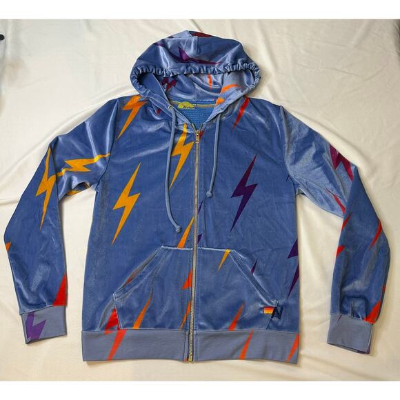 Aviator Nation Velour Zip Hoodie Lightning Bolt Blue Rare Small - Picture 1 of 10